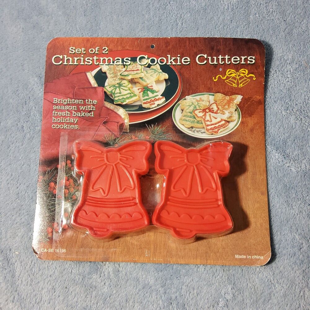 Vintage Christmas Cookie Cutters Set of 2 Red Plastic Bells with Bows Sealed
